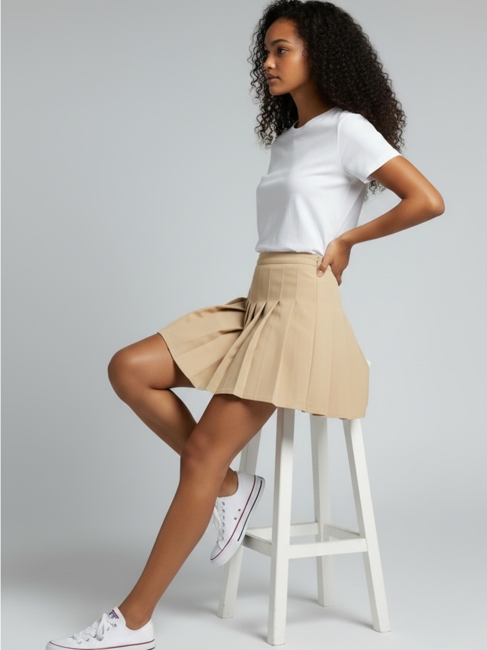 High-Rise Pleated Skater Skirt in Beige